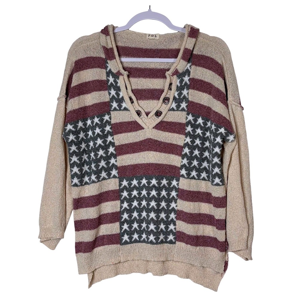 POL Clothing American Flag Hoodie Sweater V-Neck Loose Knit Festival Boho